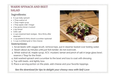 Warm spinach and beet salad recipe, a downloadable gift, as this month's Intentional Nutrition for Food as Medicine feature from Daisy Fields Company.