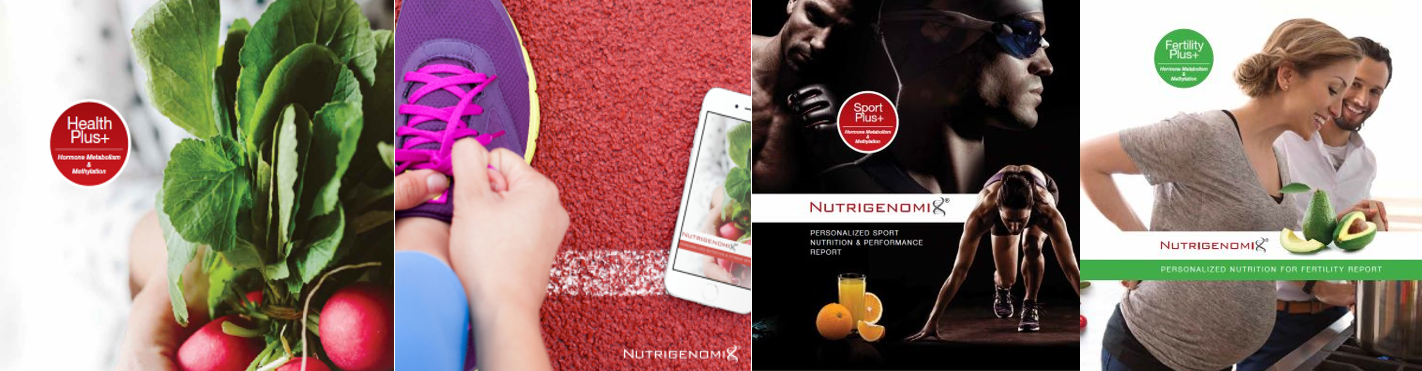 Nutrigenomic sample report covers reflecting health and wellness, plant-based diets, sports performance and fertility contexts.
