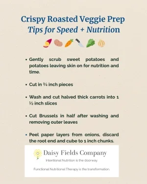 TPrep guide for Crispy Roasted Veggies with time-saving tips and nutrition insights, promoting Intentional Nutrition and Functional Nutritional Therapy.