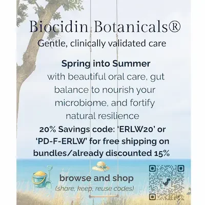 Microbiome botanicals promotional graphic featuring oral care, gut balance, and fortifying resilience with a spring into summer theme reflecting the Daisy Fields Company natural well-being symbolism