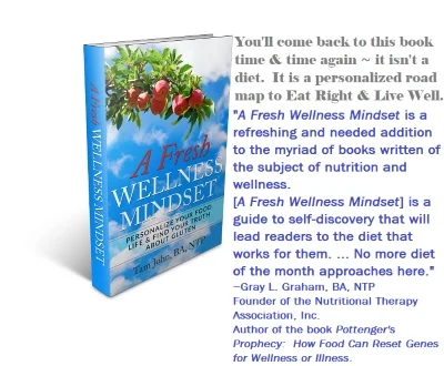 Promotional image of the book A Fresh Wellness Mindset by Tam John, shown with a testimonial from Gray Graham highlighting the book as a personalized, non‑diet approach that supports health and wellness.