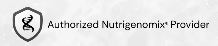 Authorized Nutrigenomix® Provider badge featuring a DNA helix inside a shield, symbolizing expertise of genetic testing inside personalized nutrition.