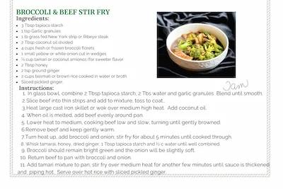 Downloadable recipe card for Gluten Free Broccoli and Beef Stir Fry