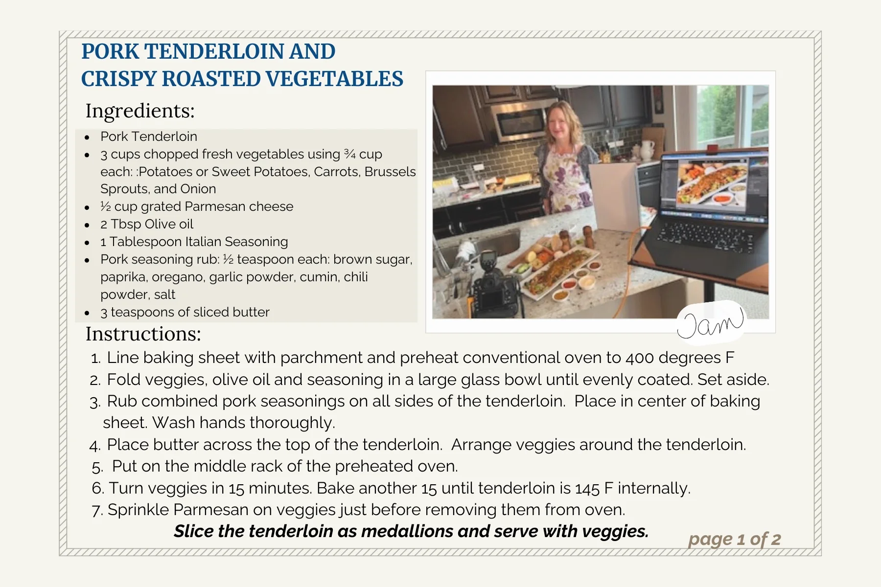 Intentional Nutrition recipe card download for Pork Tenderloin and Crispy Roasted Vegetables, featuring ingredients, step-by-step instructions, and a kitchen scene with Tam John cooking for food photography.