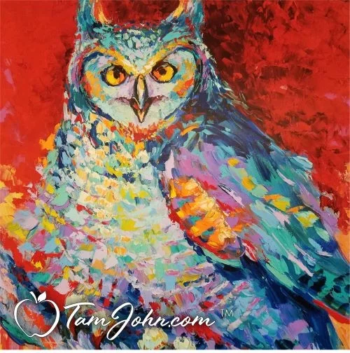 Photo of a vibrant abstract owl painting, Used on Daisy Fields Company’s contact page to reflect the wise philosophy of personalized nutrition and integrative wellness tools. TamJohn.com™ logo appears in the lower left corner.