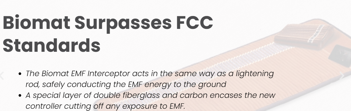 Text explains how the Biomat EMF Interceptor grounds electromagnetic energy like a lightning rod, and how the controller is shielded with double fiberglass and carbon layers to eliminate EMF exposure.