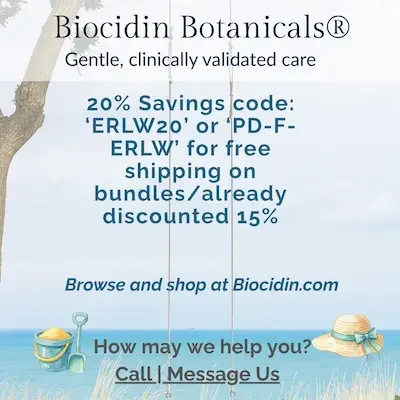 Microbiome botanicals promotional graphic featuring 20% savings or free shipping on Biocidin Botanicals® oral care, gut balance, and fortifying resilience with a Summer Dreams theme reflecting the Daisy Fields Company natural well-being symbolism.