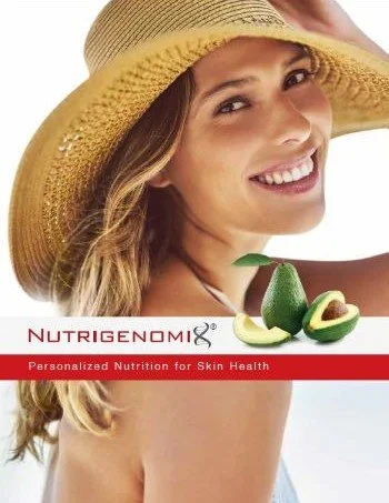 Smiling woman in straw hat beside banner reading “Personalized Nutrition for Skin Health” with avocado imagery, representing Nutrigenomix® skin-focused genetic testing.