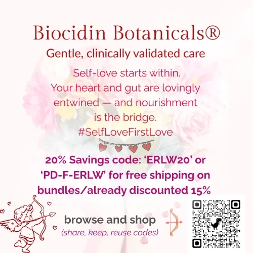 Biocidin Botanicals gentle care graphic with promo code and message about self‑love, the heart–gut connection, for functional nutrition insights.