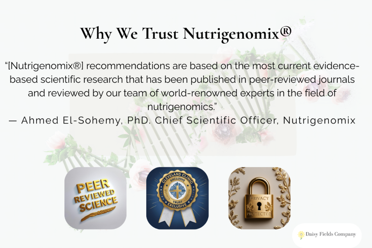 Trust graphic highlighting evidence‑based nutrigenomic testing with peer‑reviewed science, world class credibility, privacy protected results, featuring a quote from Nutrigenomix's Chief Scientific Officer.