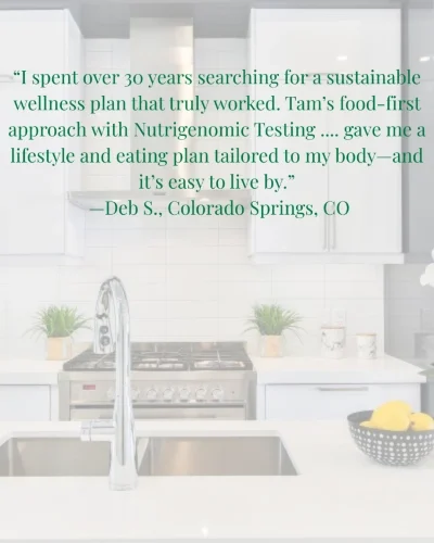 Client testimonial graphic in a modern kitchen describing how Functional Nutritional Therapy paired with nutrigenomic testing from Daisy Fields Company helped resolve a decades‑long health journey with personalized nutrition insights.