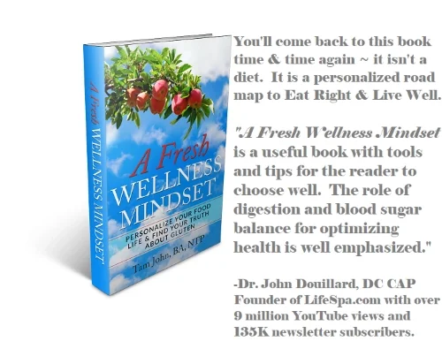Cover of the book 'A Fresh Wellness Mindset:  Personalize Your Food Life and Find Your Truth about Gluten' with a review by Dr. John Douillard emphasizing the tips, tools, blood sugar and digestion support the book guides.
