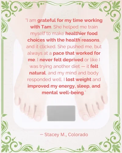 Virtual Functional Nutritional Therapy review from Stacey M stating her gratitude for the pace, no diet approach and she lost weight, improved energy, sleep and mental well-being.