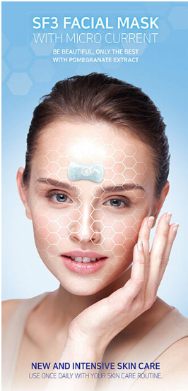 Close-up of a face wearing the SF3™ Microcurrent Facial Mask with hexagonal grid overlay, illustrating targeted bioelectric skin therapy.