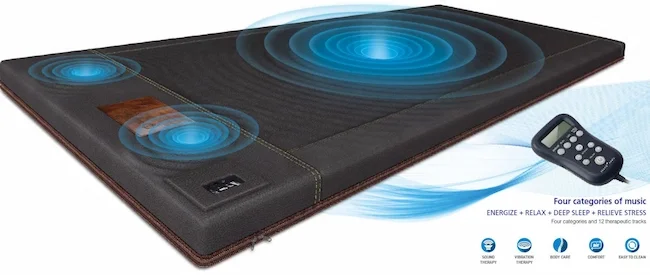 Image of the BioAcoustic Mat VibroAcoustic Sound Therapy featuring four categories of music to energize, relax, support deep sleep and relieve stress.