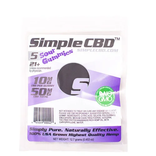 5ct. 10mg Simple CBD Sour Gummies