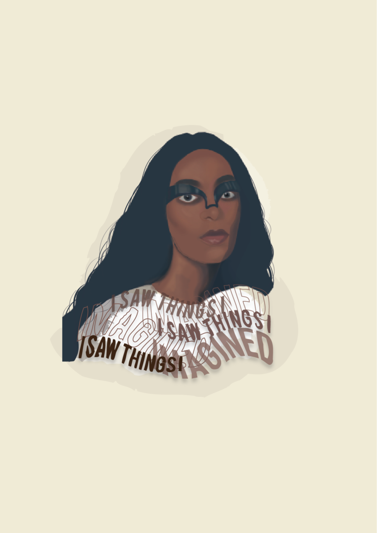 Artwork of Solange’s album, When I Get Home, with the lyrics “I saw things I imaged,” imprinted on the body.