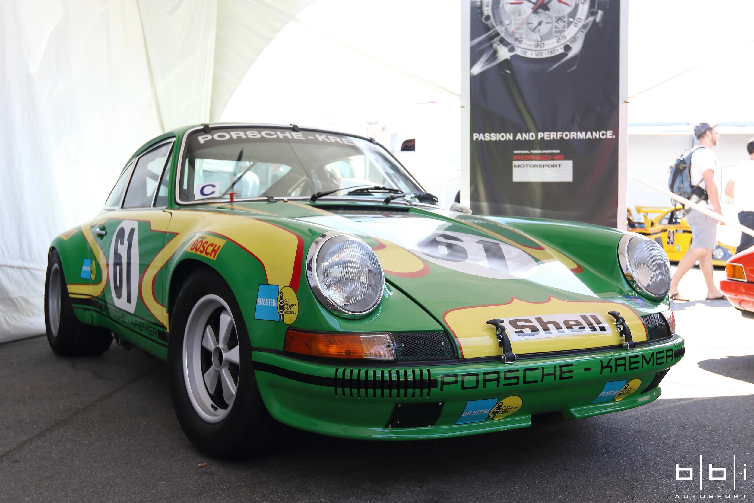 #61 1972 "Viper Green" Kremer Porsche ST "Won five of nine races in the inaugural, 1972 European Grand Touring Championship. Modified by Erwin Kremer with wider rims, roll bars, a 2.5-liter engine, and flared fenders, the four-wheel drive car took first at Hockenheim, Germany and Estoril, Portugal, as well as at the Nurburgring, the world’s longest racetrack, and one of the toughest."