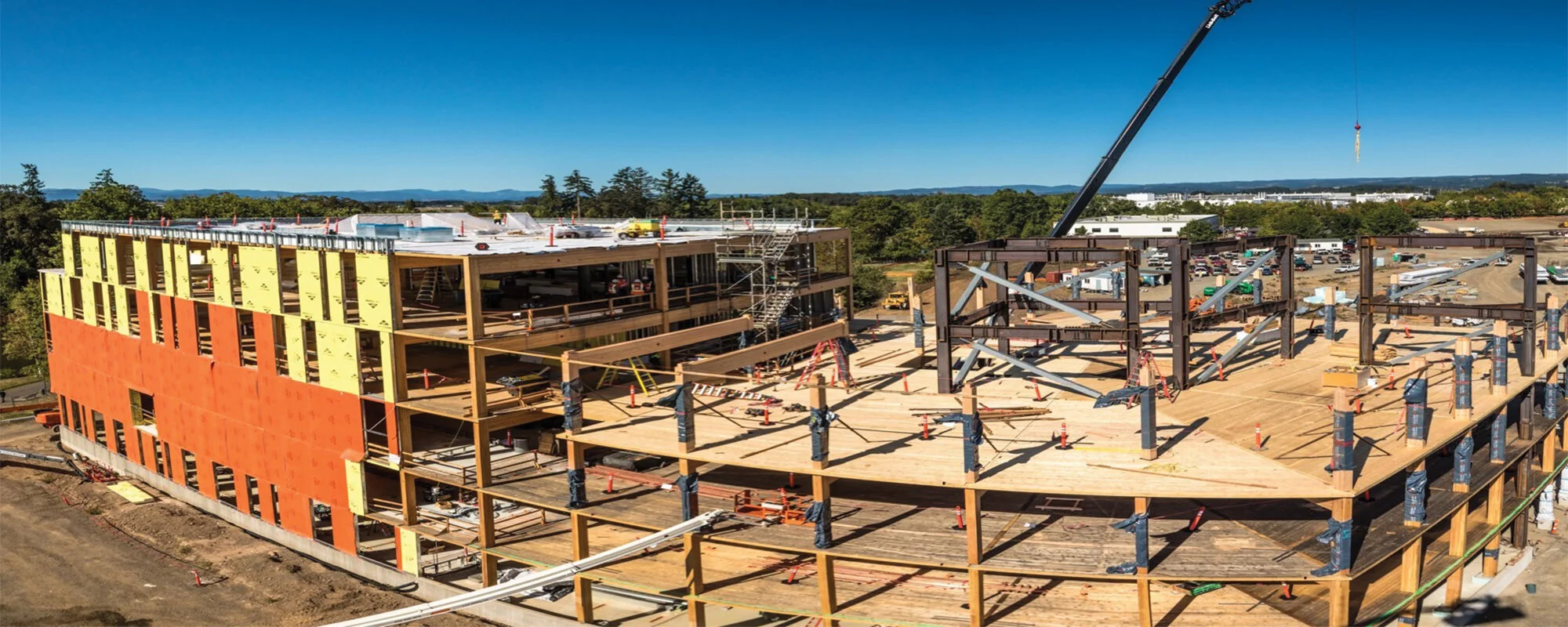 Mass timber buildings can bring cost savings through quicker construction schedules. Compared to a post-tension concrete building of similar size, the First Tech building’s structure took approximately 30% less time to construct.