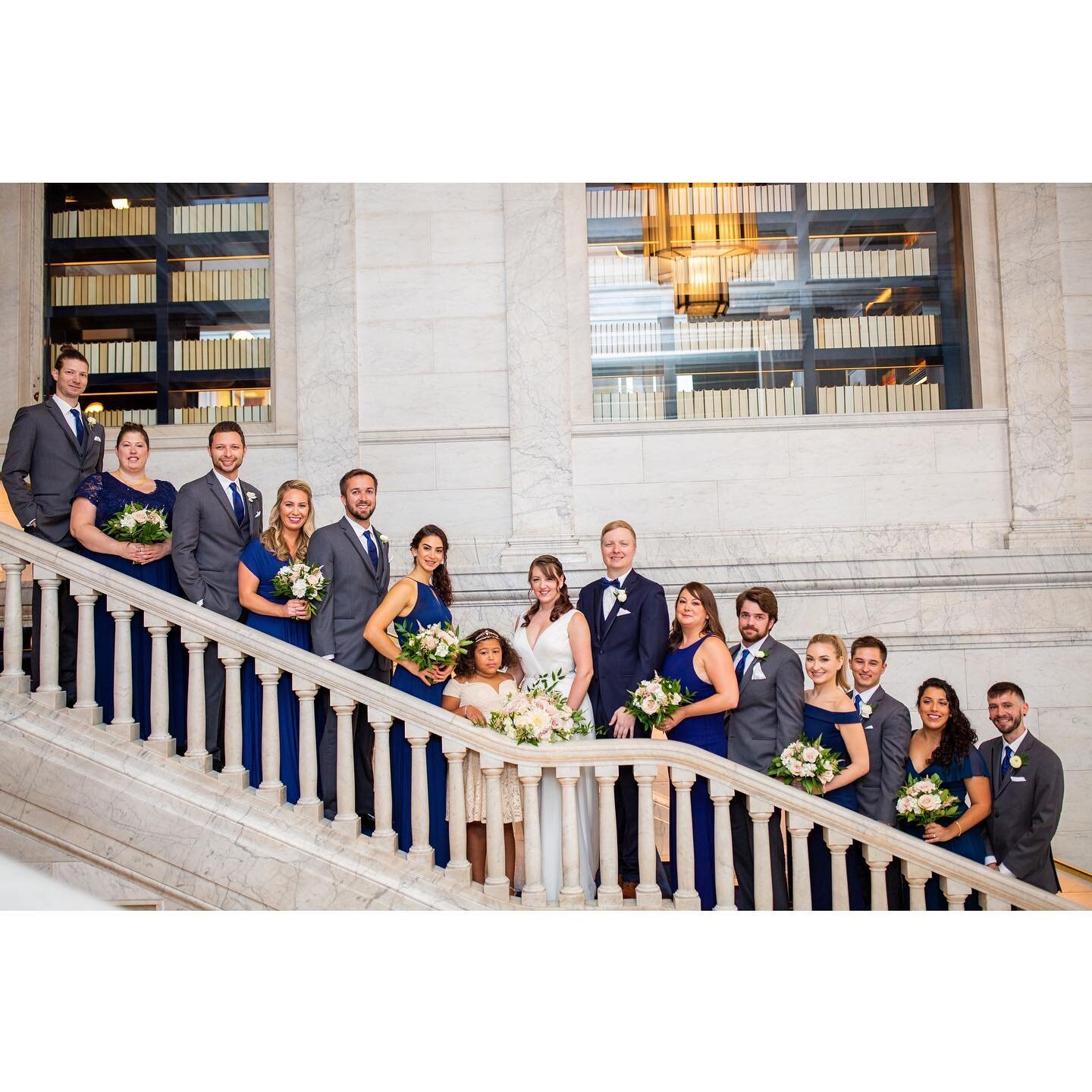 Group shot on the grand staircase. .
.
Hotel: @thegraychi 
Catering: @dabsolute_events 
Florals: @stevesflowermarket 
Decor: @art_imagination 
Cake: @chicagocustomcakes 
Coffee: @onthegojocoffee 
Linens: @fslinens 
Farm Tables: @chgofarmtables
Photog