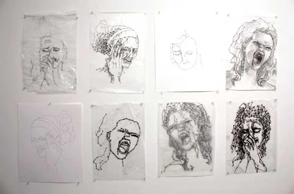 8 Moments 14x17 each, Ink, Graphite, Thread on Paper