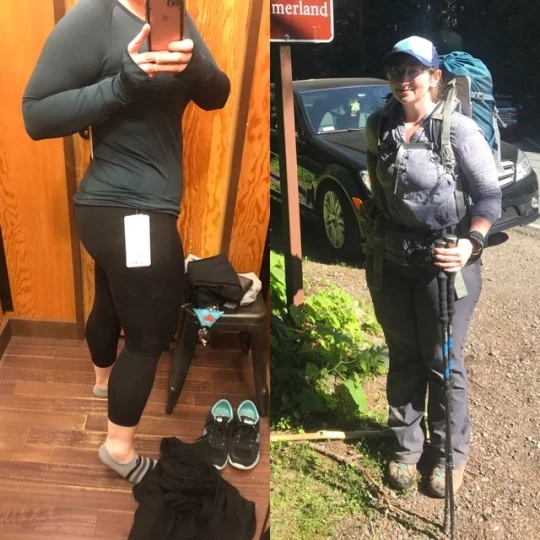 Being a dweeb in a dressing room trying on tights and feeling sorry for self (left). Being a dweeb who is ridiculously happy after a trip out solo (right).