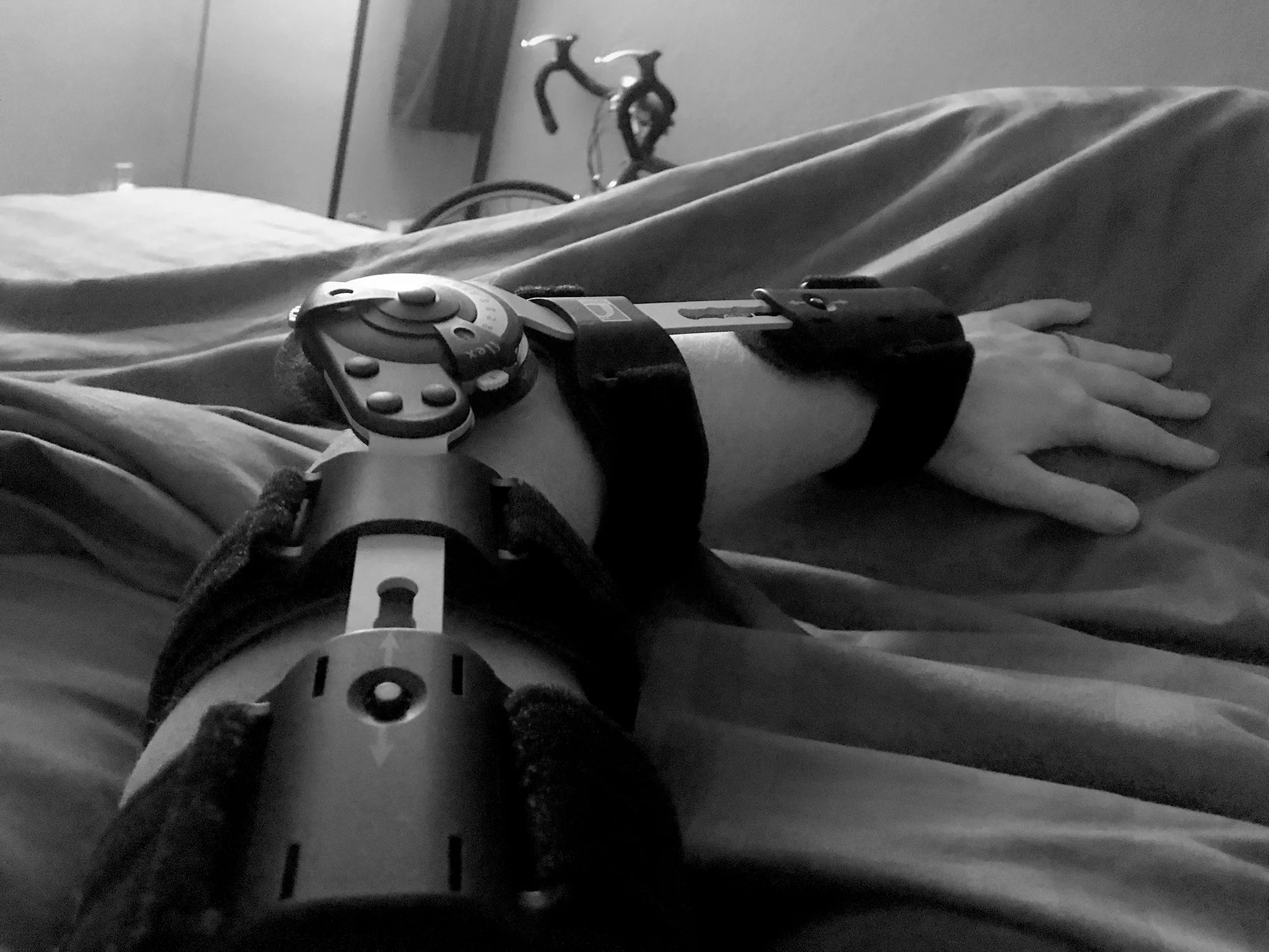 The night I got my brace I was still woozily exhausted from painkillers and incredibly bruised. While I'm in a much better place now, it's going to be a while before I can ride the bike in the background here.