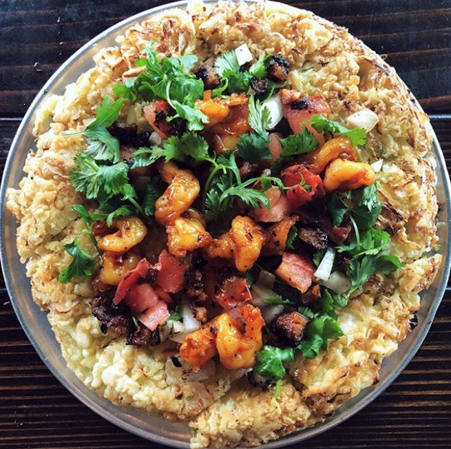quanhapa : Tonight’s #monday #okonomiyaki special: Paella inspired Oki! Saffron shrimp, fire-roasted tomato, Longaniza sausage, grilled onions and cilantro. Tonight only! #quanhapa #okinight