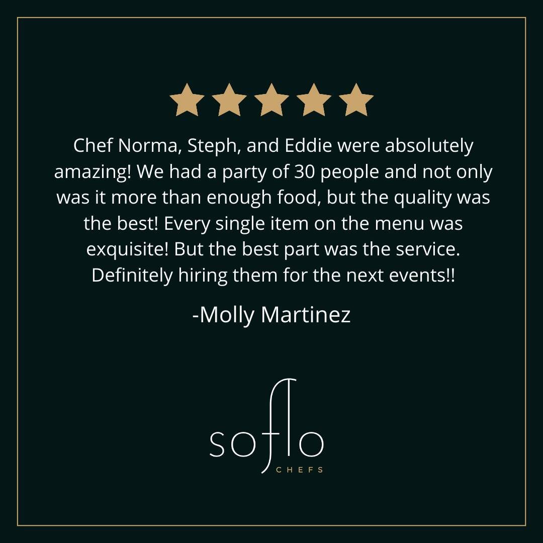 Thank you Molly for your amazing review! We had a lovely time at your event and would love to work with you again. ⁠
⁠
Let us know how your experience was with SOFLO! ⁠
.⁠
.⁠
.⁠
.⁠
.⁠
#testimonialtuesday #testimonial #reviews #bestfood #allthefood #f