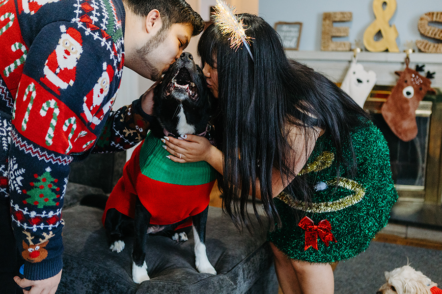 Couple kissing dog during holiday photoshoot