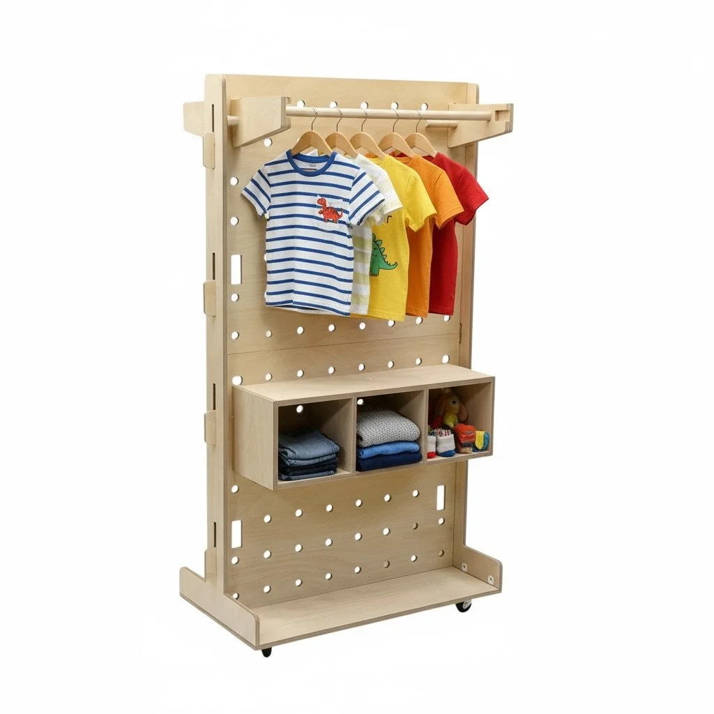 plywood pegboard with casters and product display compartments