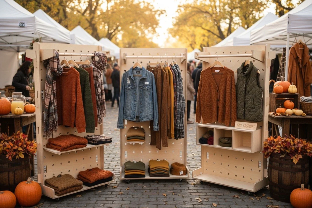 Pegboard on wheels arranged for retail merchandising