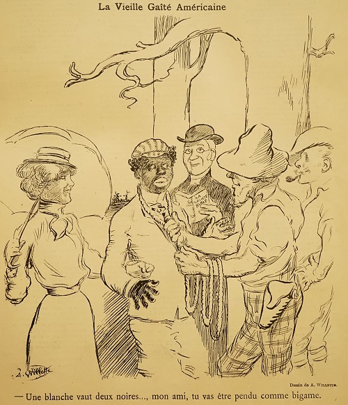Top caption: "The old American good-cheer" Bottom caption: "One white is worth two blacks—my friend, you are going to be hung as a bigamist."
