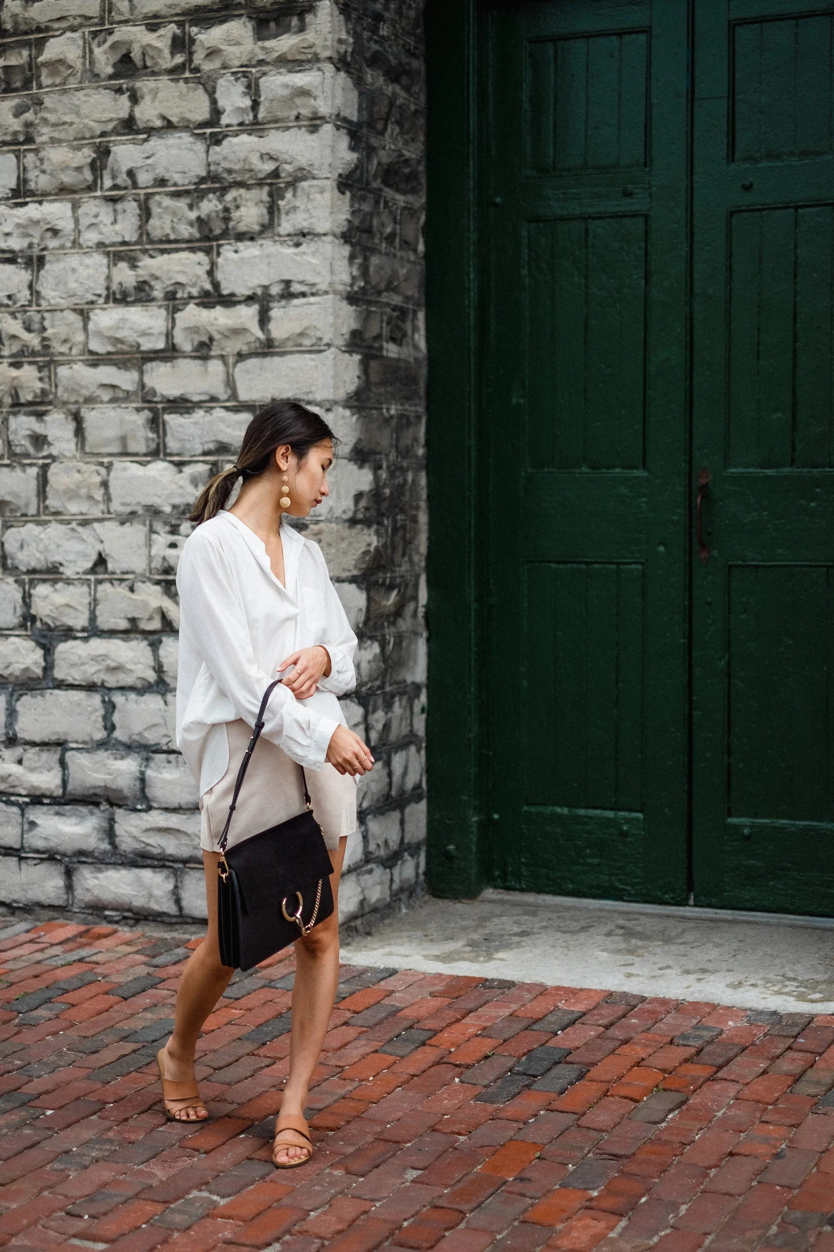 Wearing: shirt from Anna Quan (thrifted), shorts from Zara (sold out, similar here ) shoes from JCrew (old, similar here ), earrings from Club Monaco , rings from Mejuri , bag from Chloe