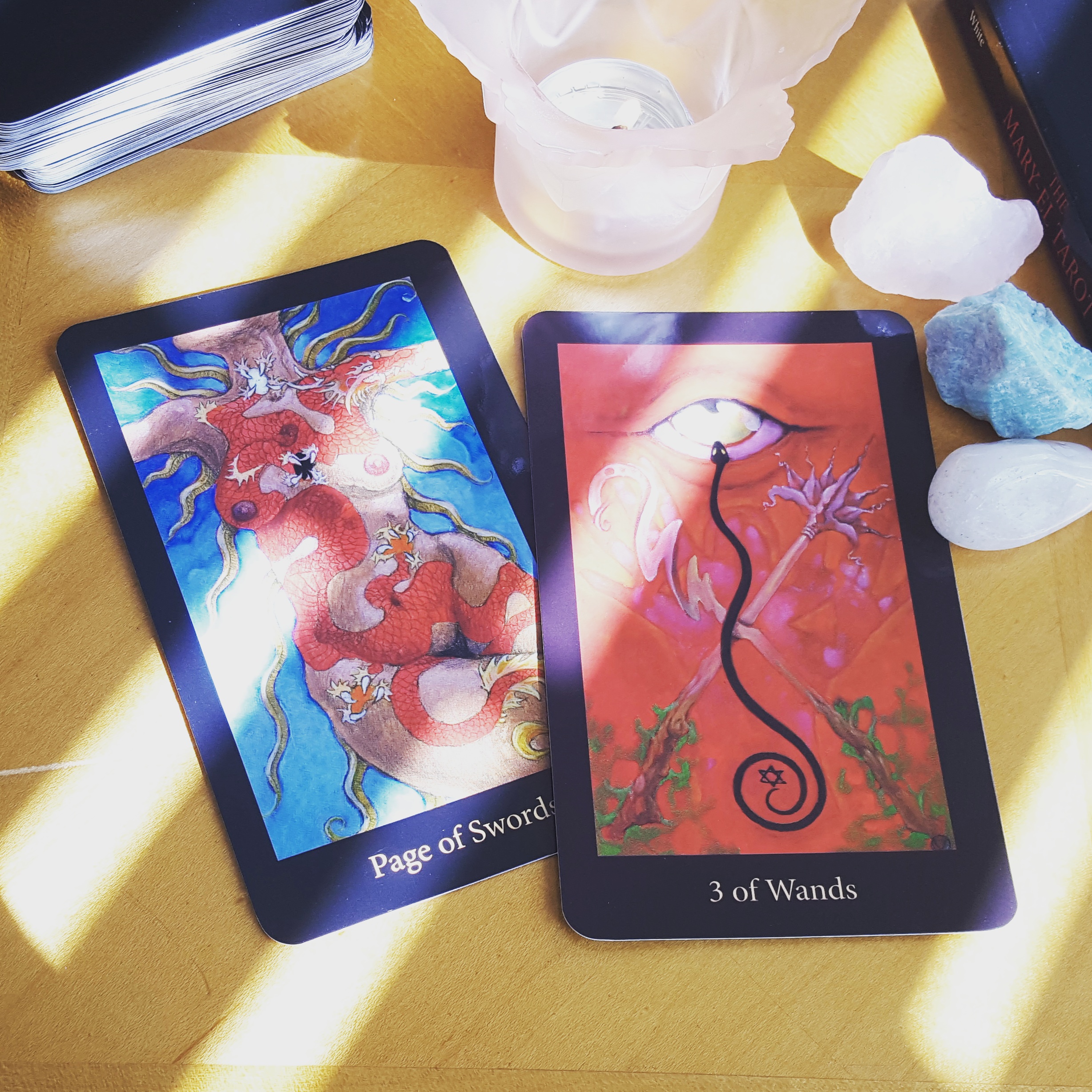 Sacred Saturday devotional with the Page of Swords and Three of Wands from the Mary-El Tarot