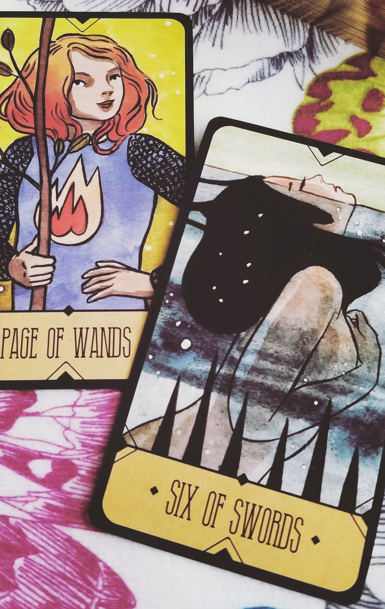Page of Wands and Six of Swords from the Sasuraibito Tarot
