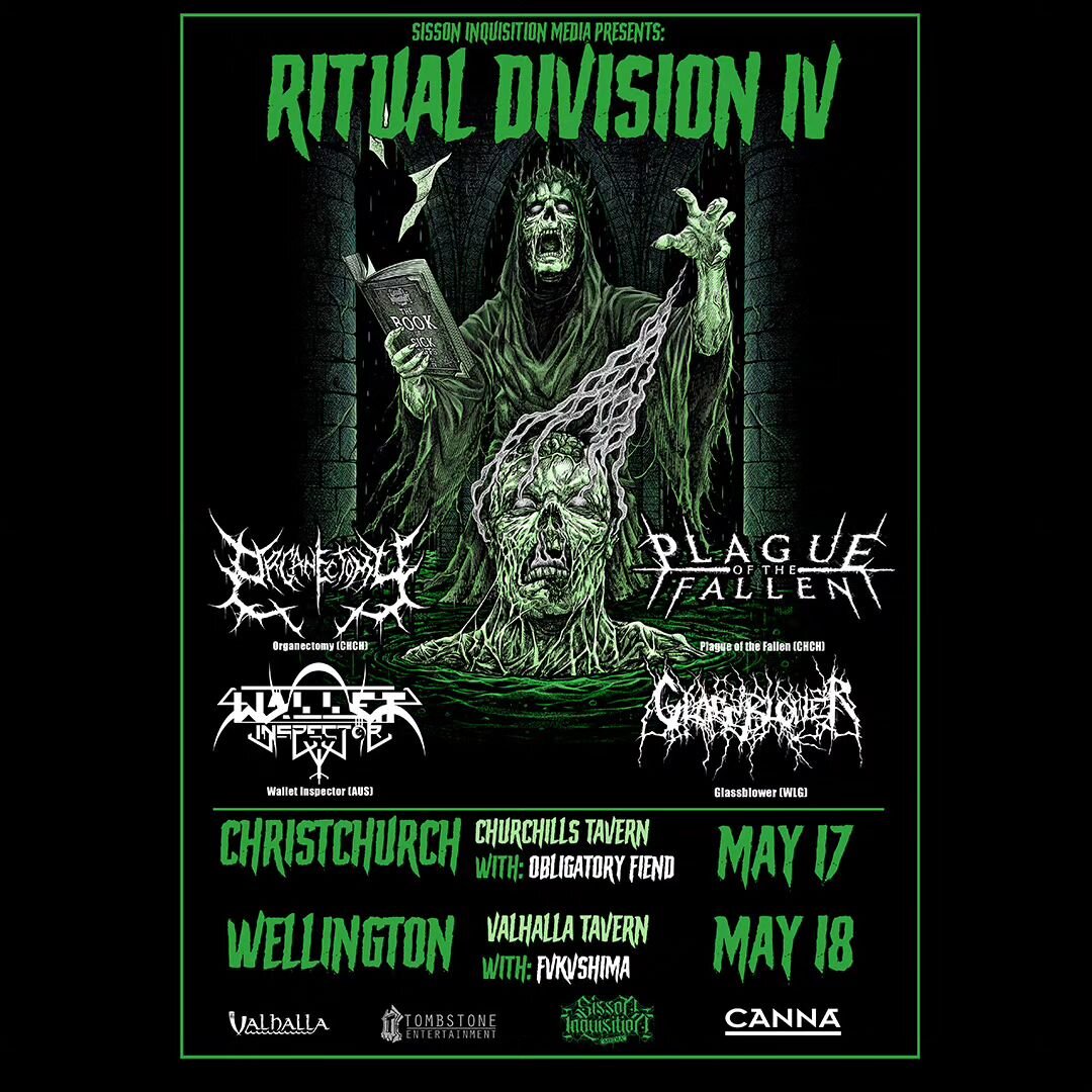 Stoked to be a part of Ritual Division once again!

Catch us in Christchurch on May 17th and Wellington on May 18th.

Tickets on sale through Cosmic Ticketing.

@plagueofthefallen 
@walletinspectorband 
@glassblowerhardcore 
@obligitoryfiend
@fvkvshi