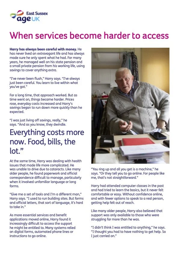 A flyer from East Sussex Age UK titled 'When services become harder to access' featuring a photo of an elderly man sitting at a desk, appearing to engage with a device or reading material, with a kitchen in the background.