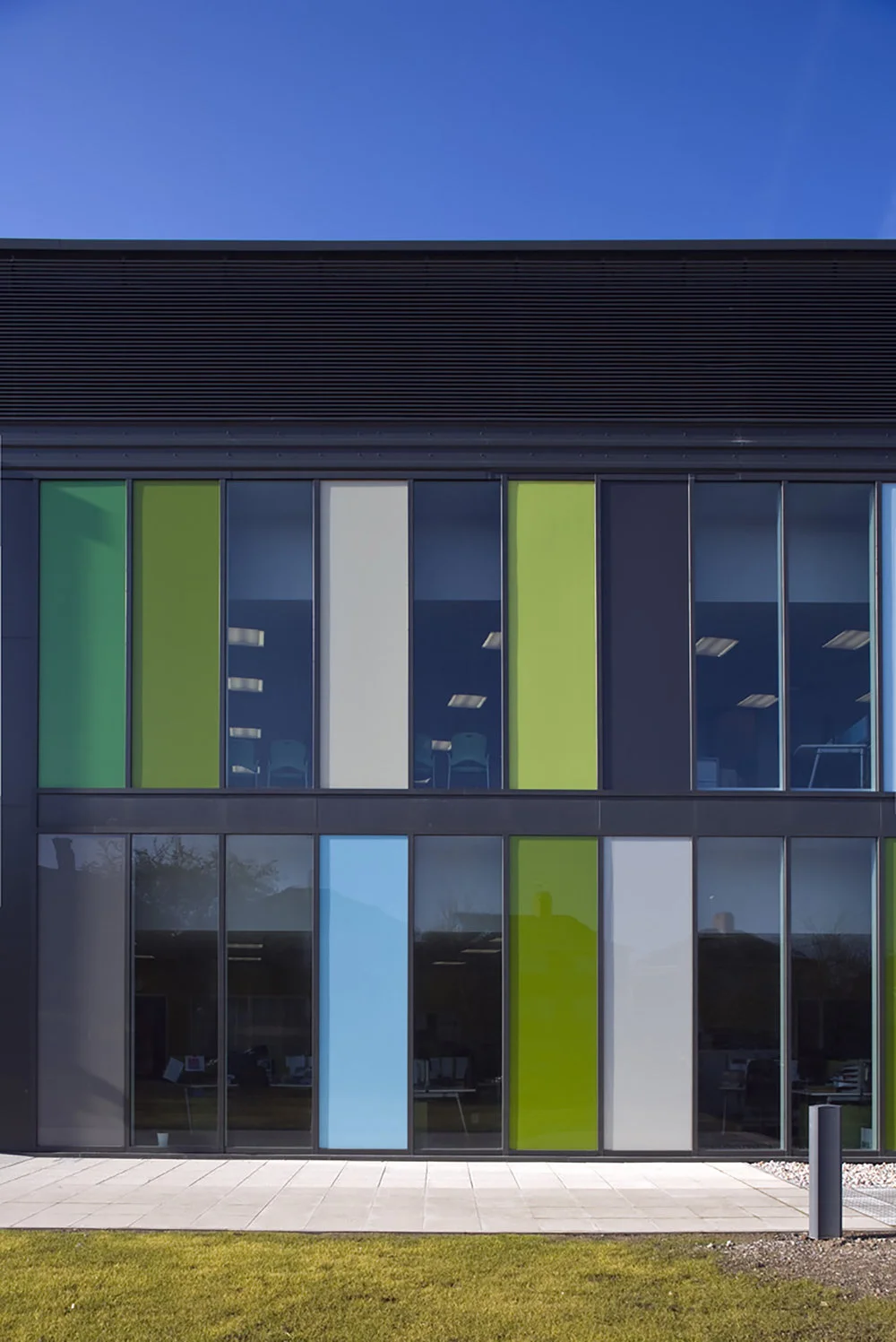 Southmead Hospital, Bristol, Academic Building Facade. Coloured glass panels. Lead Artist Commission 2008-9 - photography Sarah Blee