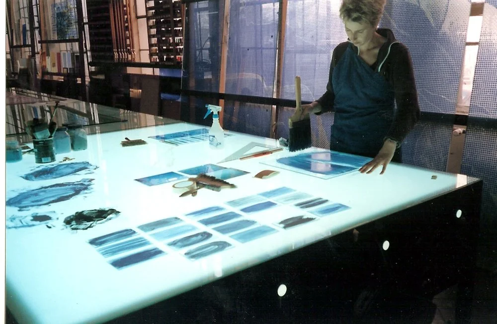 Painting at the Franz Mayer glass studios in Munich for the Canary Wharf commission 'Moving On'