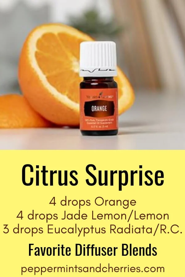 Favorite Diffuser Blends; Citrus Surprise made with Orange, Jade Lemon_Lemon, Eucalyptus Radiata_RC Essential Oils by Young Living #youngliving #younglivingessentialoils #younglivingaffiliate #diffuserblends #diffuserrecipes #essentialoilblends #essentialoilsrecipes #essentialoilblendsfordiffuser #diffuser