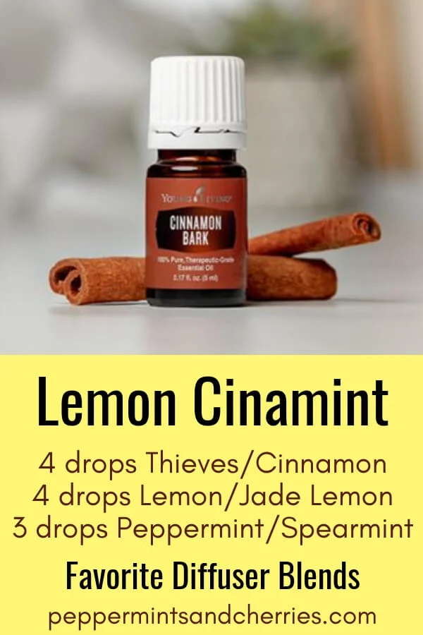 Favorite Diffuser Blends; Lemon Cinamint made with Thieves_Cinnamon, Lemon_Jade Lemon, Peppermint_Spearmint Essential Oils by Young Living #youngliving #younglivingessentialoils #younglivingaffiliate #diffuserblends #diffuserrecipes #essentialoilblends #essentialoilsrecipes #essentialoilblendsfordiffuser #diffuser