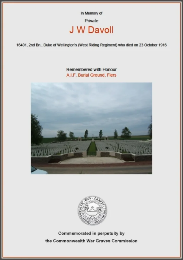 Commonwealth War Graves Commission Commemoration Certificate for Private John William Davoll