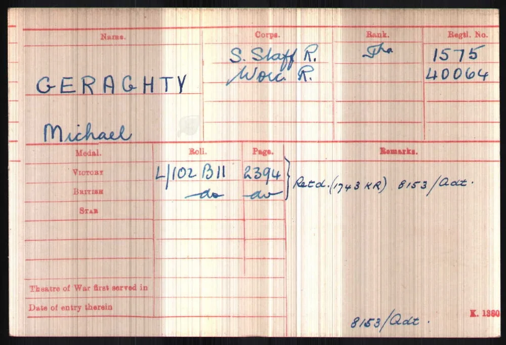 British Army WW1 Medal Rolls Index Card for Michael Geraghty