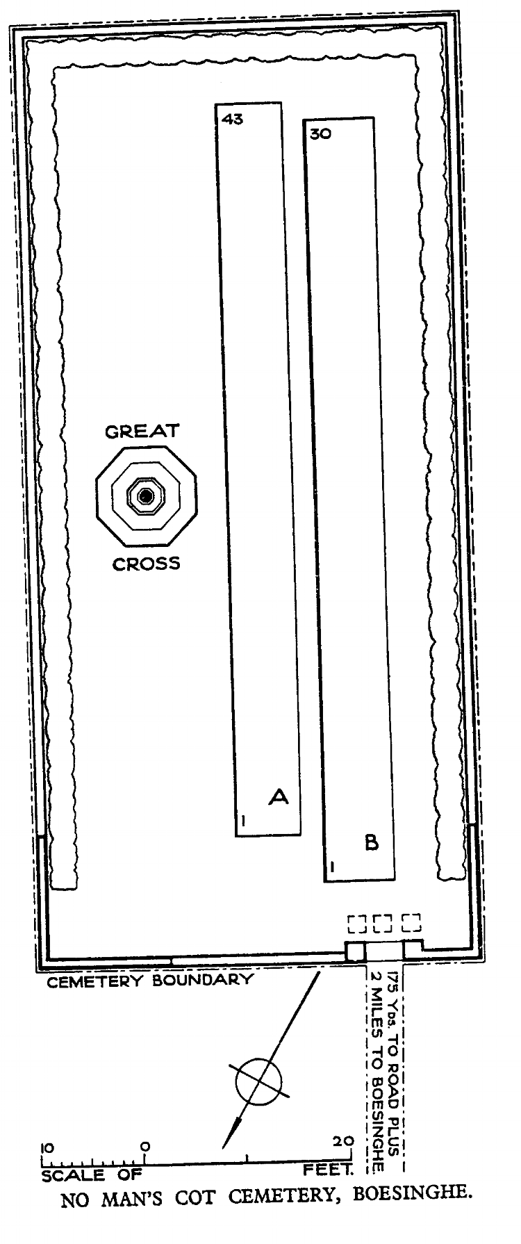 Plan of No Man's Cot Cemetery - Albert's grave is A29.