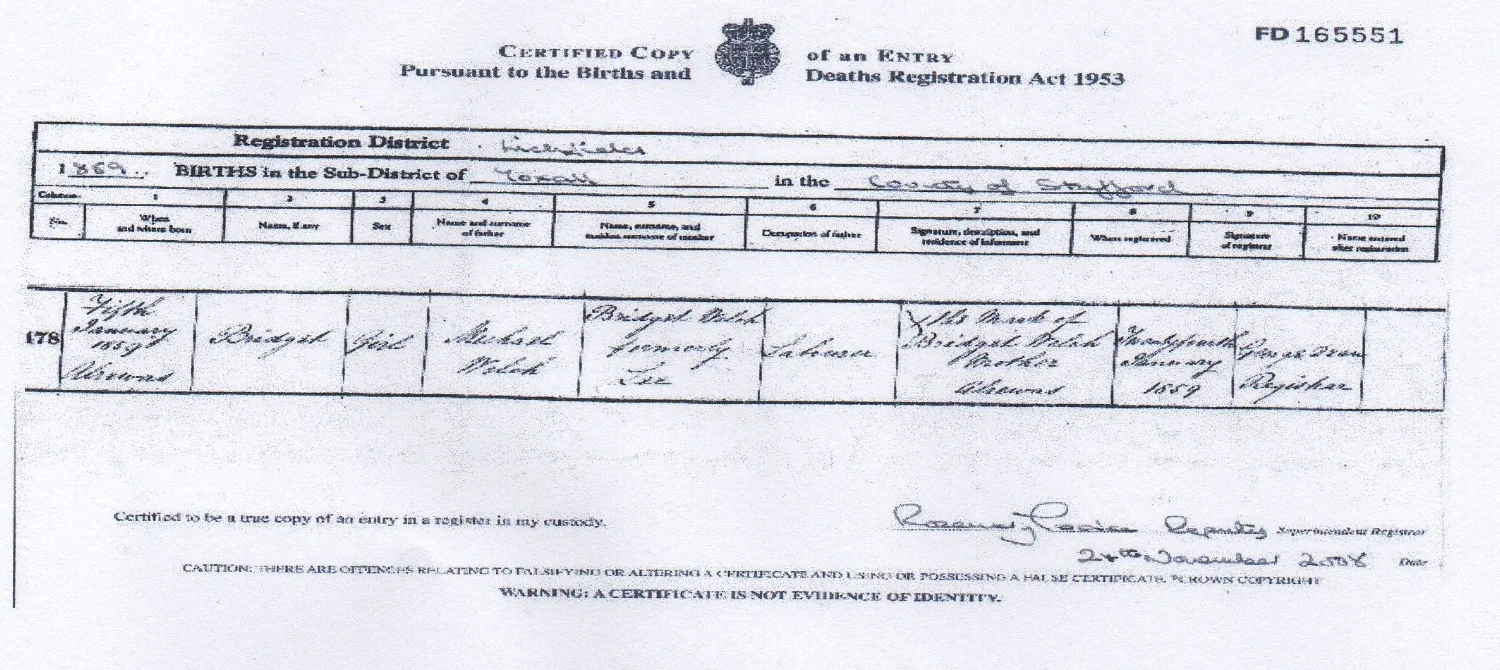 Birth certificate of Bridget WELCH the mother of John MALLEY