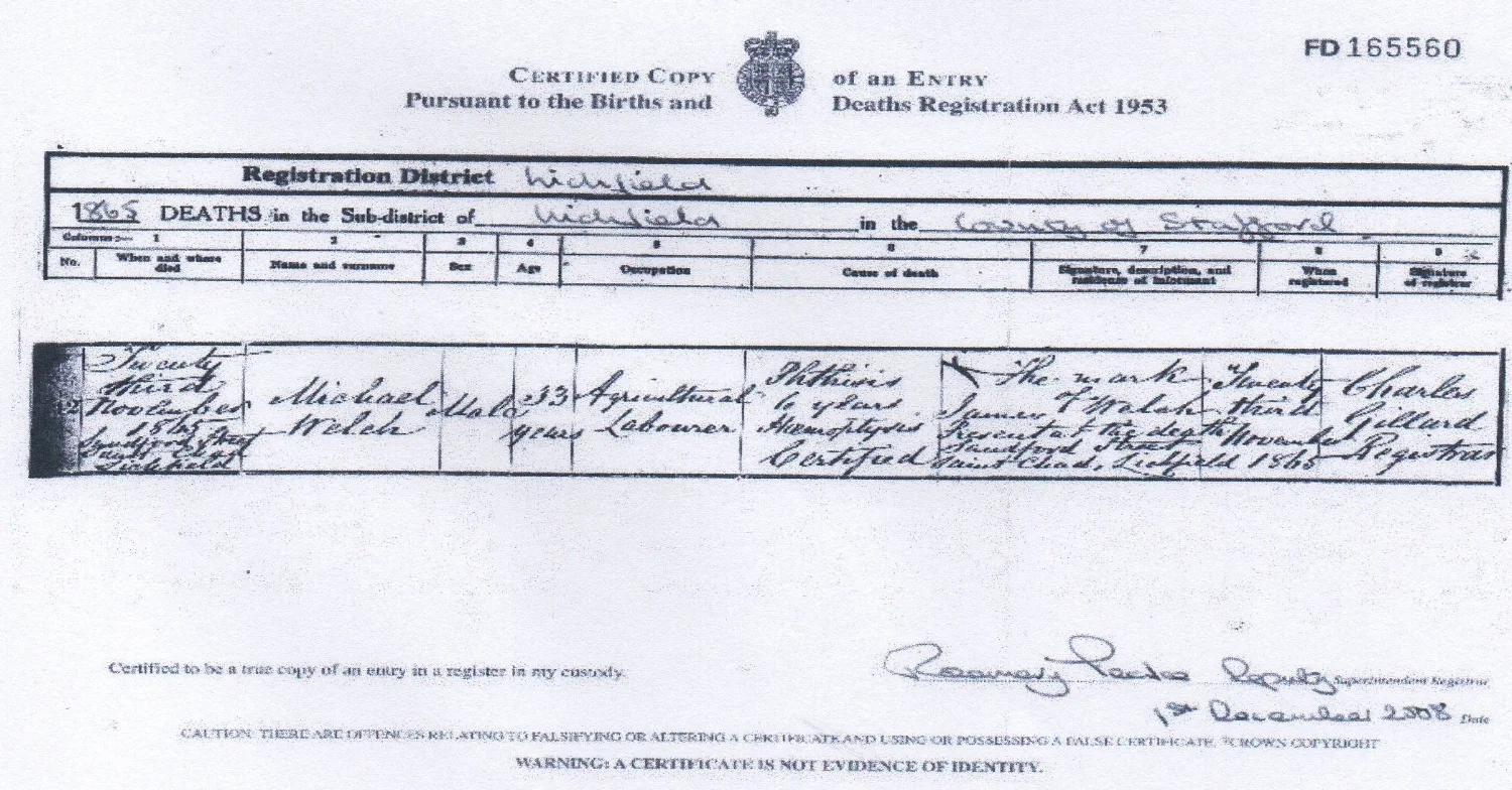 Death certificate of Michael WELCH, grandfather of John MALLEY