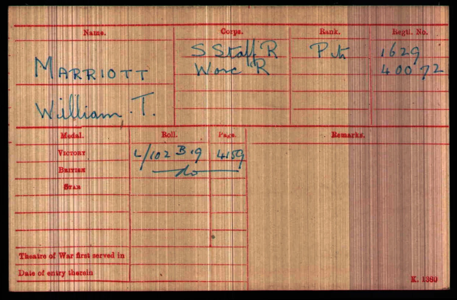 The Record Card for William Thomas Marriott