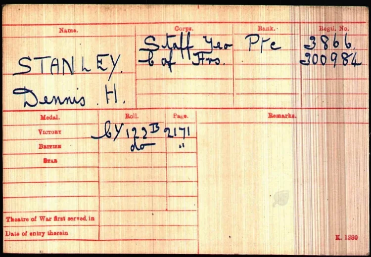 British Army WWI Medal Rolls Index Card, 1914-1920, for Private Dennis Hayward Stanley