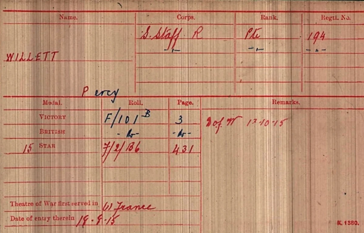 British Army WWI Medal Rolls Index Card (1914-1920) for 194 Private Percy Willett